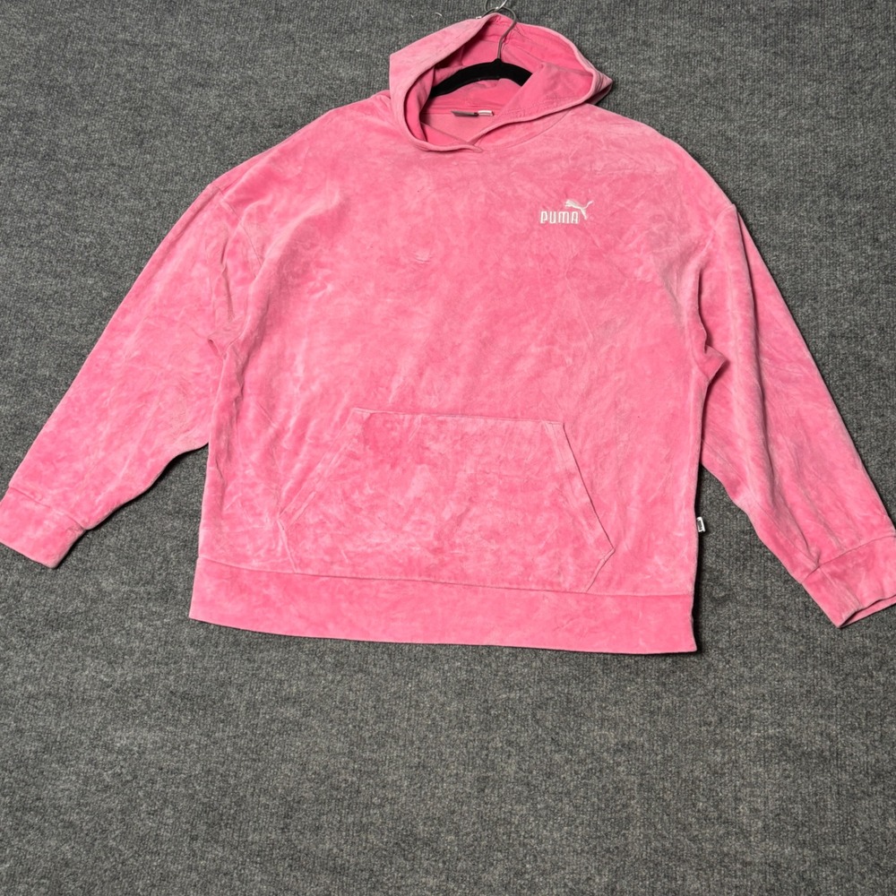 Puma Essentials Elevated Velour Hoodie Womens Large Pink Y2K Pullover Loungewear